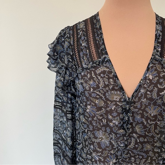 Veronica Beard Penny Floral-Print Black Multi Silk-Chiffon Habotai Blouse EUC 0 - Picture 8 of 12